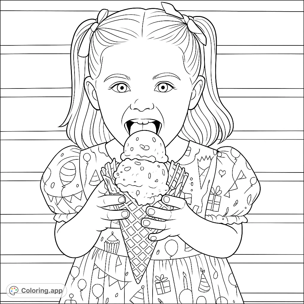 A delightful coloring page featuring a happy child about to enjoy a towering ice cream cone, perfect for a sweet and fun coloring experience.