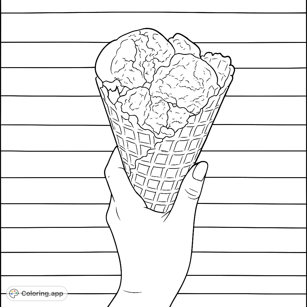 A delightful ice cream cone held by a hand, featuring textured scoops and a waffle cone. Perfect for a sweet coloring escape!