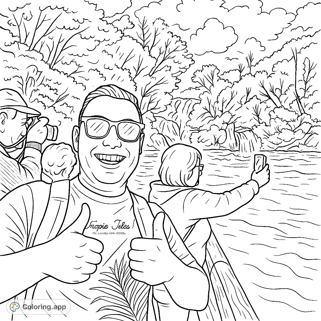 Capture the excitement of a scenic waterfall adventure! This free printable coloring page features travelers enjoying a beautiful natural landscape with cascading water.
