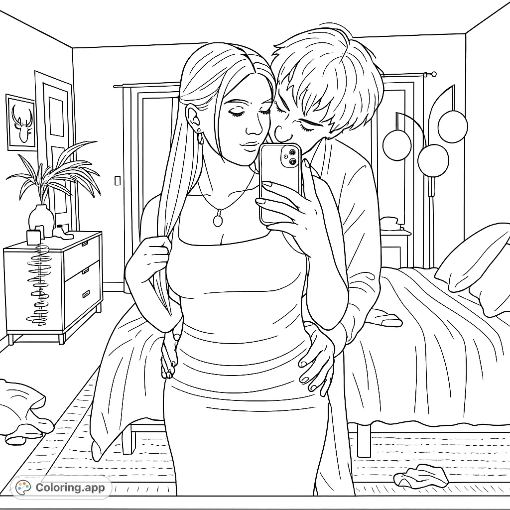 Capture a tender moment with this romantic couple coloring page. Features a woman in a ruched dress and a man embracing her, perfect for expressing affection.