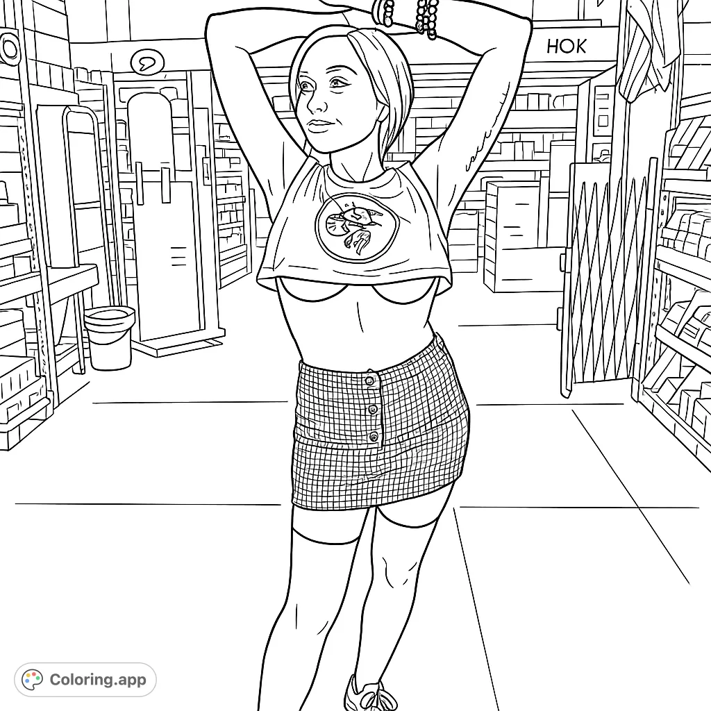 A person striking a dynamic pose in a detailed store aisle, featuring intricate clothing patterns and a busy retail background. An engaging adult coloring page.