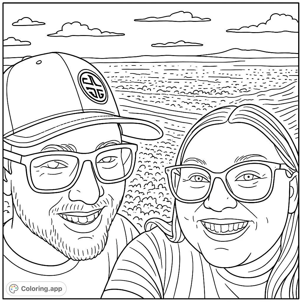 A cheerful duo captured in a scenic selfie, overlooking a vast cityscape from a high vantage point. Perfect for personalizing.