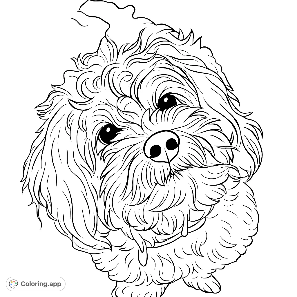 A charming fluffy dog portrait, perfect for pet lovers. Explore intricate fur textures and bring this adorable canine to life with your colors.