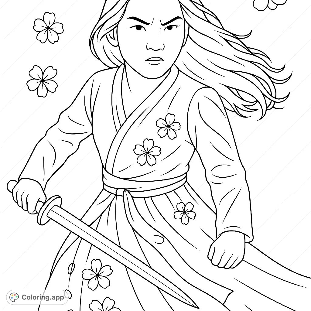Unleash your creativity with this heroic warrior coloring page, featuring a determined character with a sword and flowing hair amidst floral patterns.
