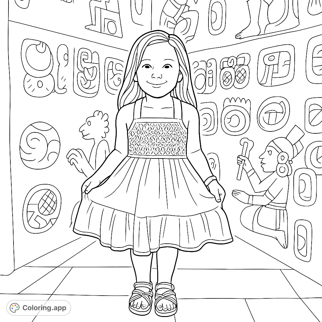 A charming girl stands before ancient glyphs, inviting a journey into history. Perfect for young explorers to color and discover.