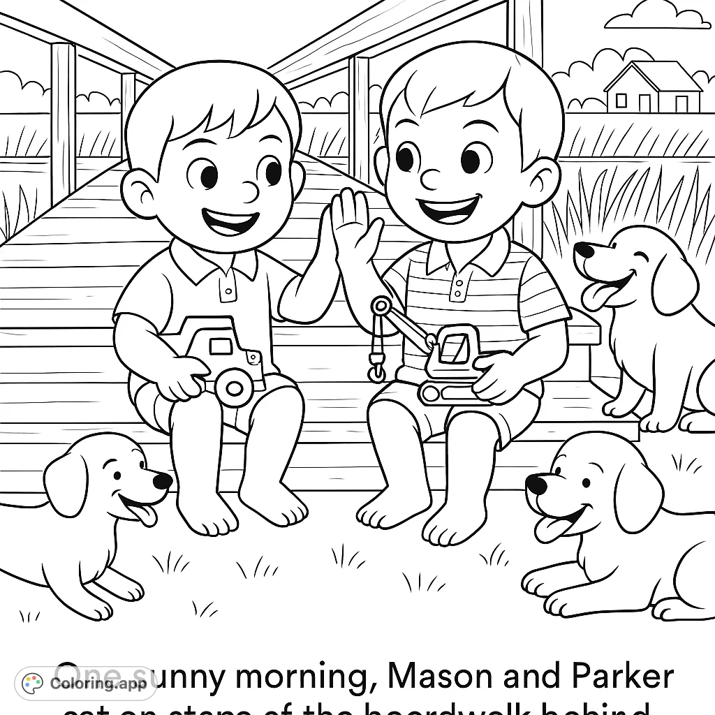 Two happy boys high-fiving on a boardwalk with their playful dogs and toy vehicles, set against a scenic waterside background.