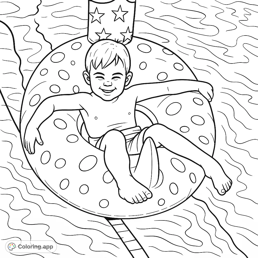 A joyful child enjoys a sunny day in a polka-dotted pool float, perfect for summer fun and relaxation. Free printable coloring page.