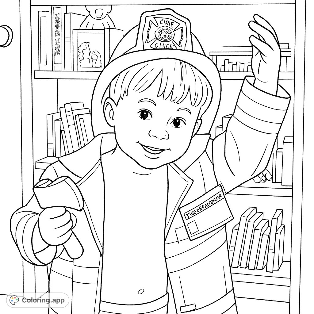 A charming coloring page featuring a young child dressed as a firefighter, ready for adventure. Perfect for aspiring heroes.