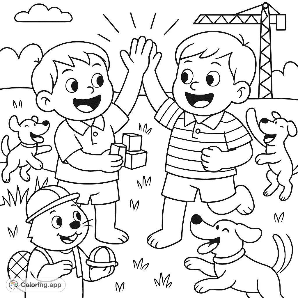 Two happy boys high-fiving amidst playful dogs and building blocks, with a friendly beaver and construction crane in the background. A fun scene for kids.