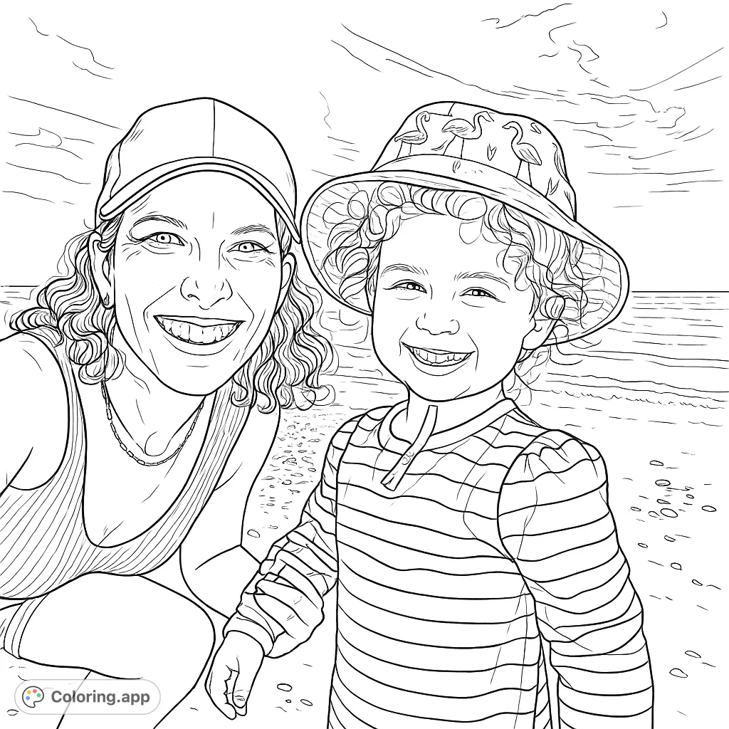 A heartwarming beach scene featuring a smiling woman and child, perfect for a relaxing coloring experience. Capture the joy of a seaside adventure.