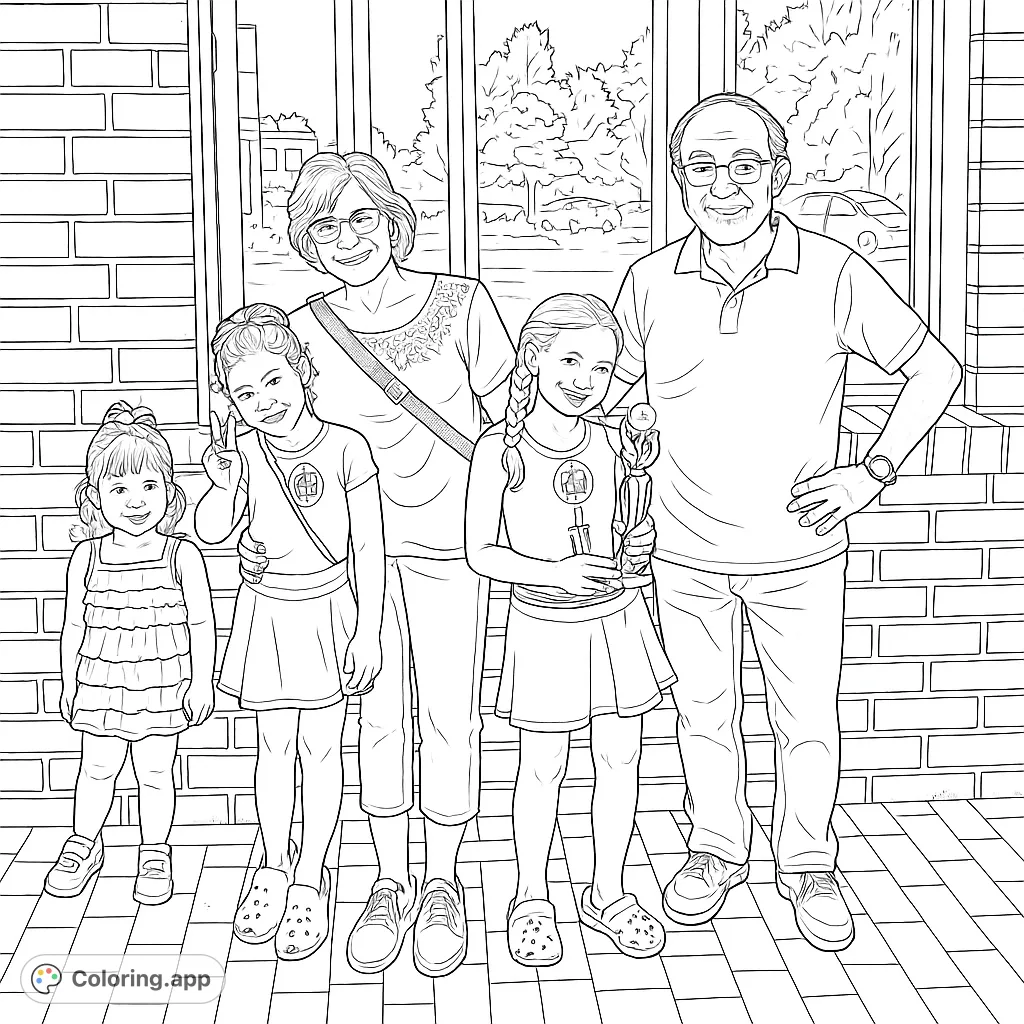 A heartwarming family scene featuring two adults and three girls proudly displaying their trophies. Perfect for celebrating achievements and family bonds.