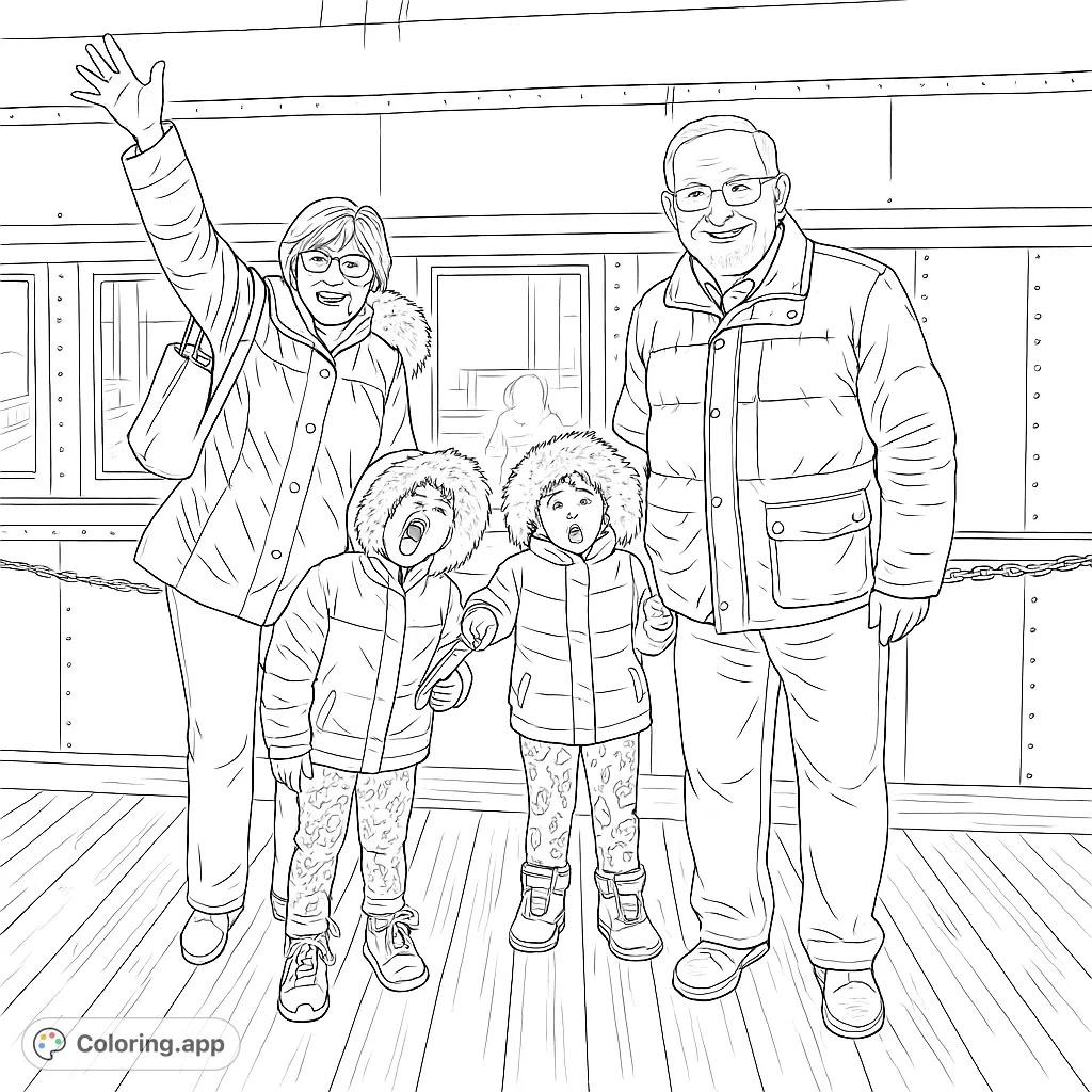 A heartwarming family train adventure featuring two adults and two children bundled in winter gear, ready for fun. Perfect for all ages.