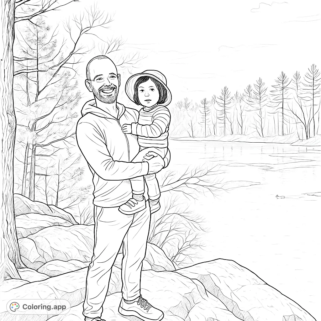 A heartwarming scene of a father holding his child by a serene lake, surrounded by nature. Perfect for family-themed coloring.
