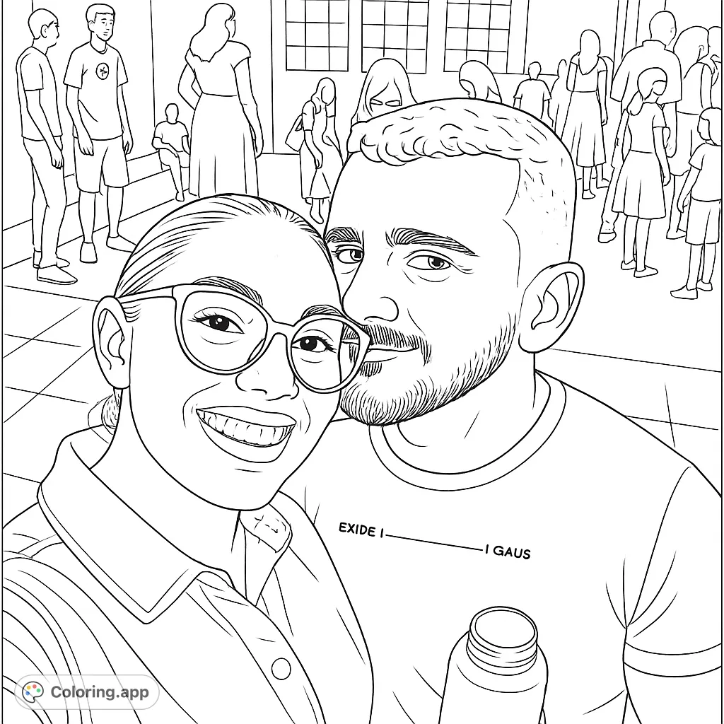 Capture a moment of connection with this smiling couple at a lively gathering. Features detailed faces, clothing, and a subtle background for creative coloring.