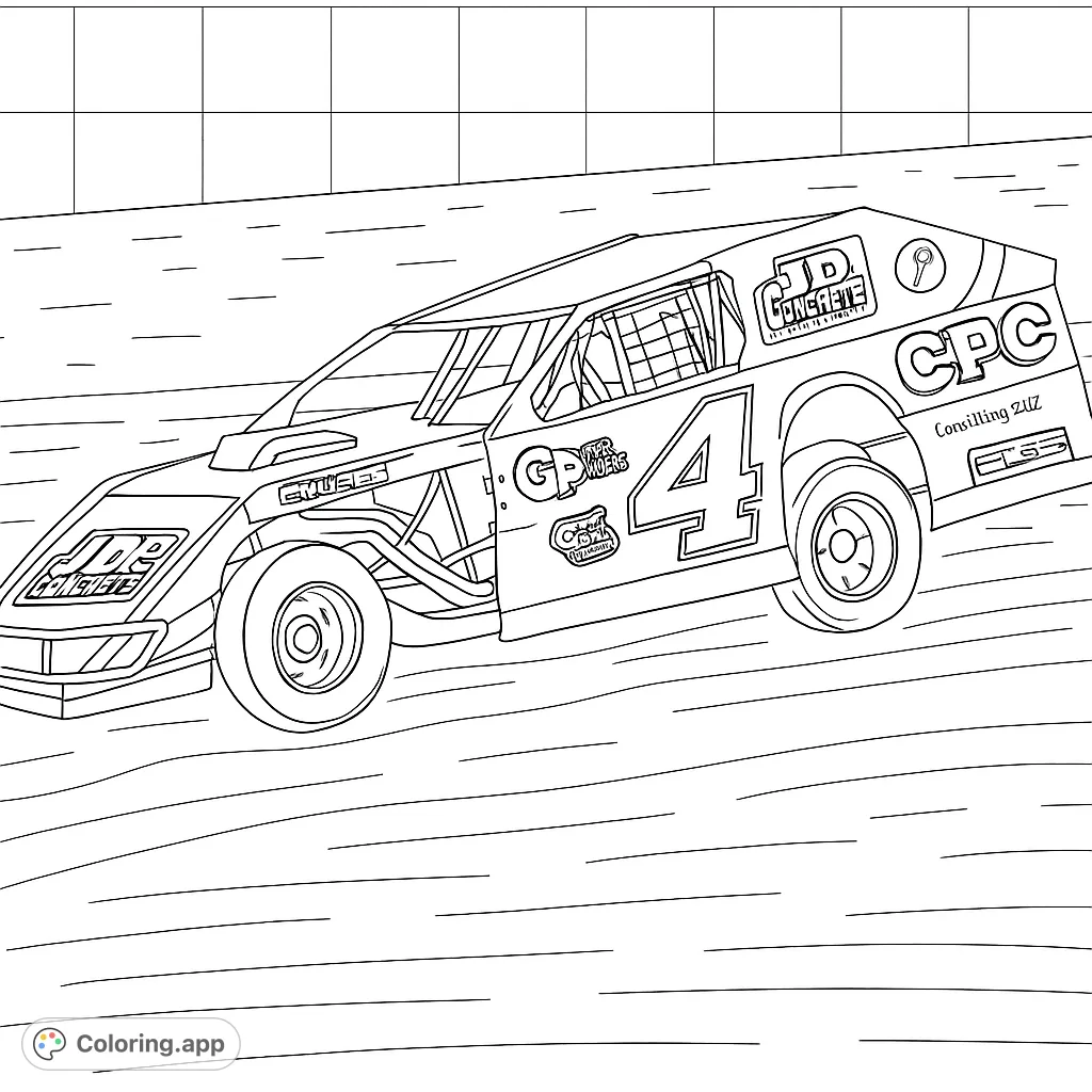 Experience the thrill of the track with this dynamic race car coloring page. Perfect for car enthusiasts to customize with unique designs and vibrant shades.