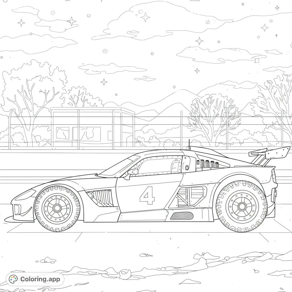 Unleash your creativity with this detailed race car coloring page, featuring a powerful vehicle with exposed chassis, robust wheels, and a unique checkered flag background.