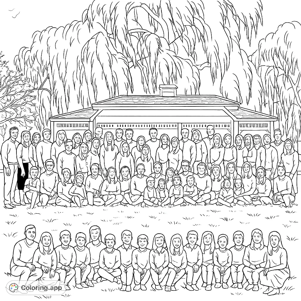 Capture a heartwarming family gathering outdoors, featuring a large multi-generational group posing in front of a charming gazebo and weeping willow tree.