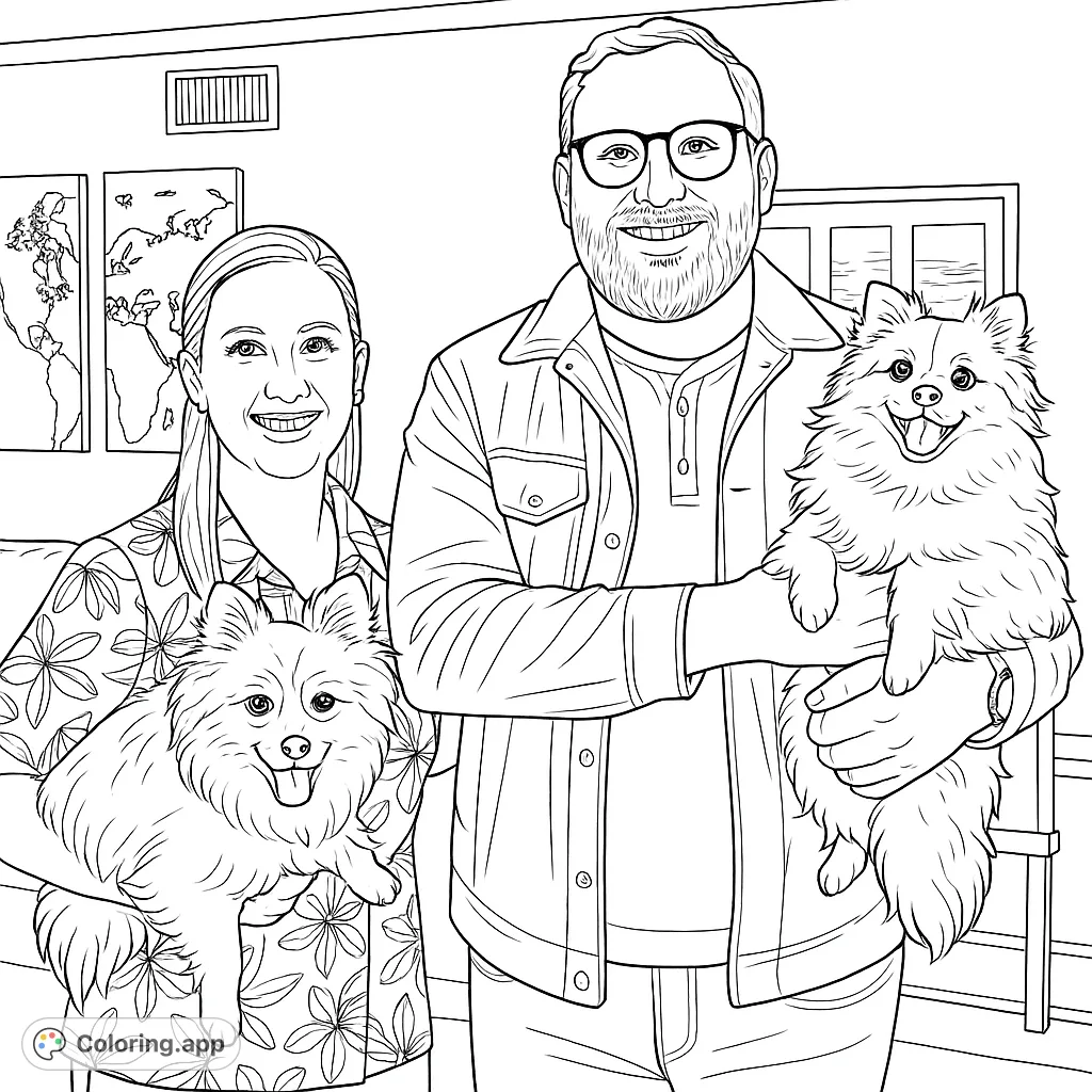 A heartwarming coloring page featuring a happy family with their two adorable, fluffy dogs, perfect for pet lovers and family fun.