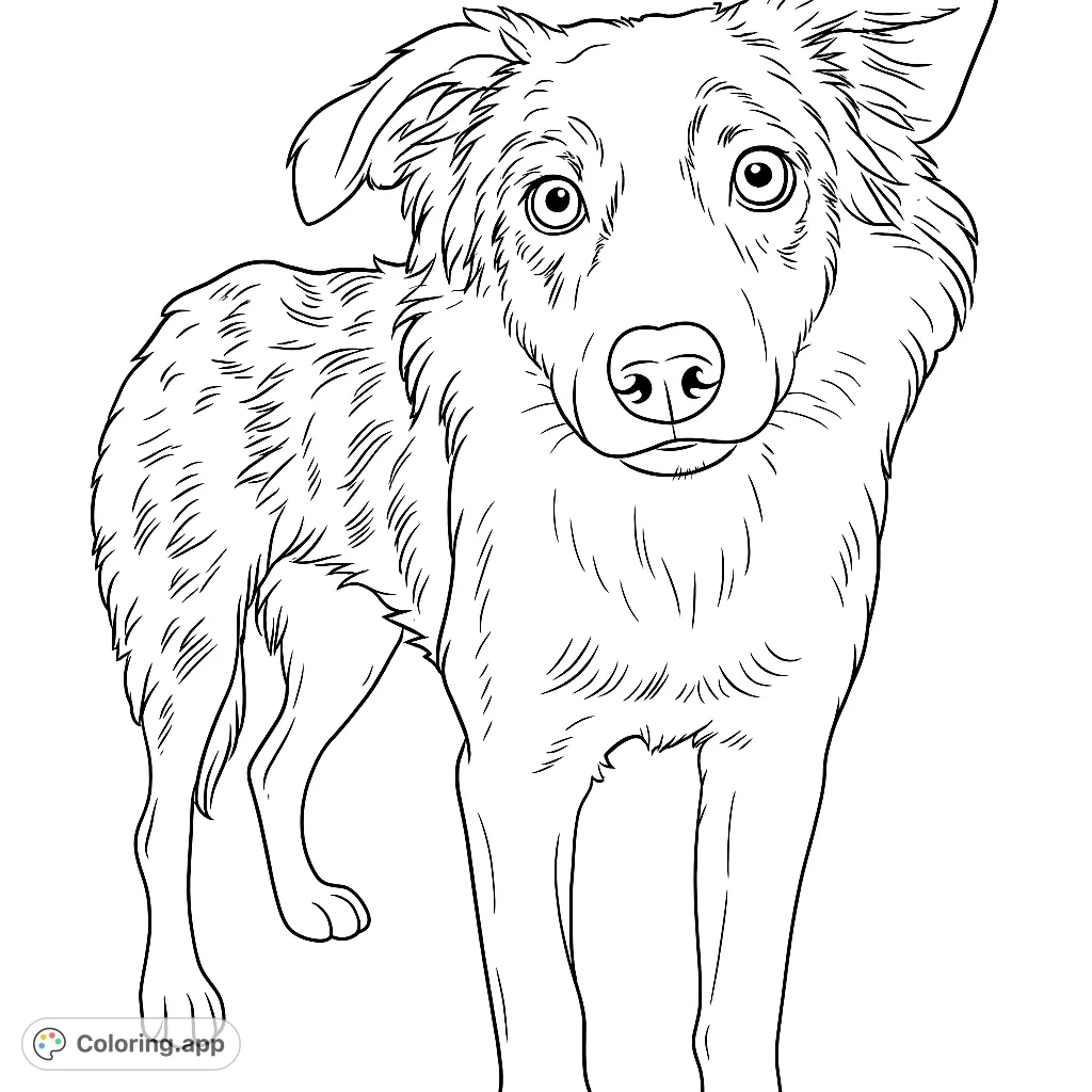 A charming dog coloring page featuring a beautiful canine with distinctive fur patterns and expressive eyes, perfect for animal lovers of all ages.