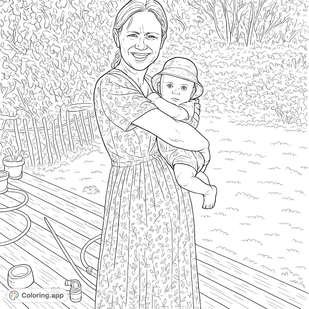 A heartwarming scene of a mother holding her baby in a sunny garden, perfect for a relaxing coloring experience.