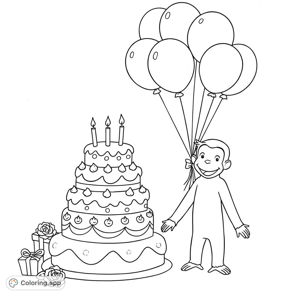 Celebrate with Curious George and a festive birthday cake! This delightful coloring page features the beloved monkey, balloons, and candles.