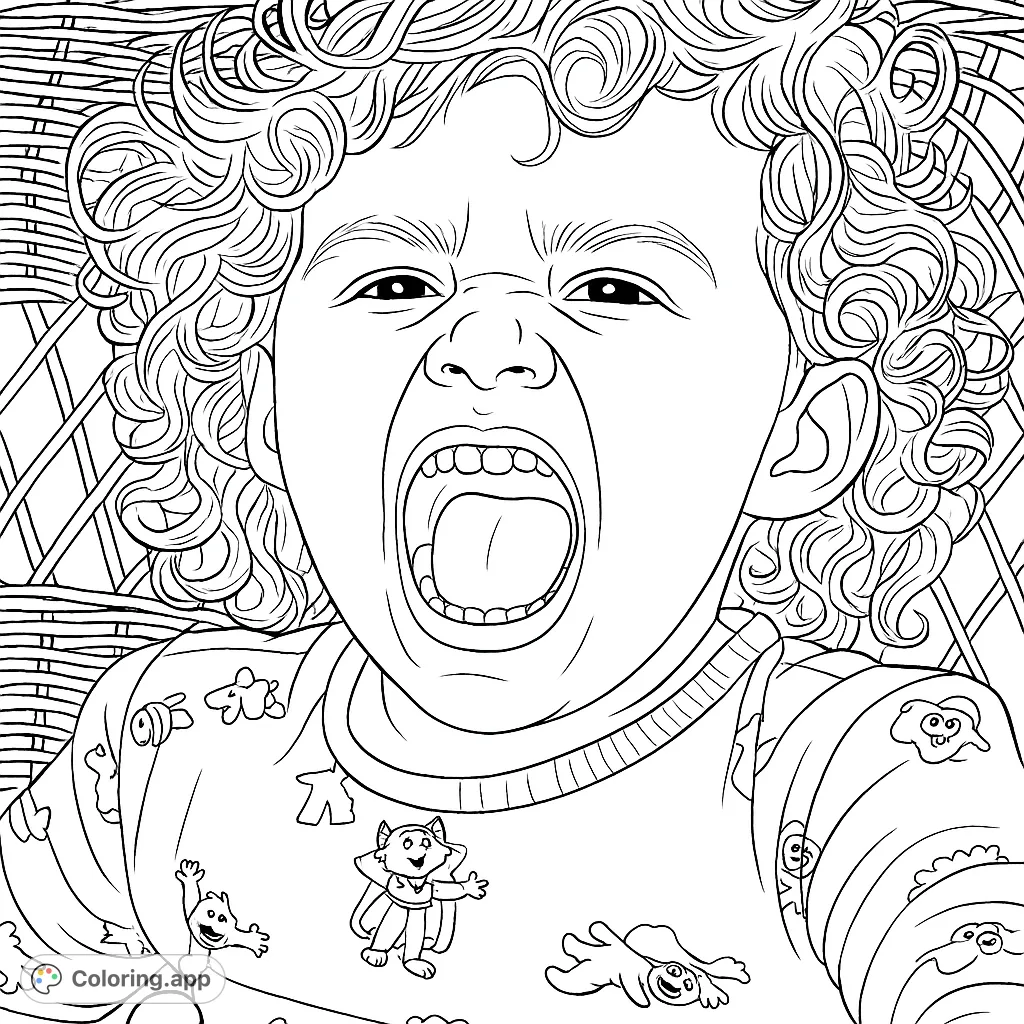 Capture the pure joy of a child with a wide-open smile and curly hair. A delightful free printable coloring page for kids and adults.