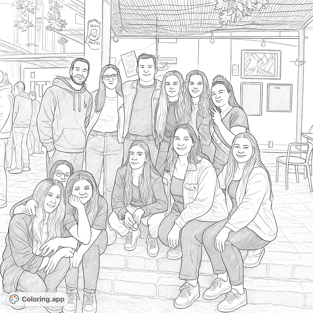A lively group of friends gathered in a casual setting, perfect for detailed coloring. Capture their expressions and the vibrant atmosphere of this social scene.