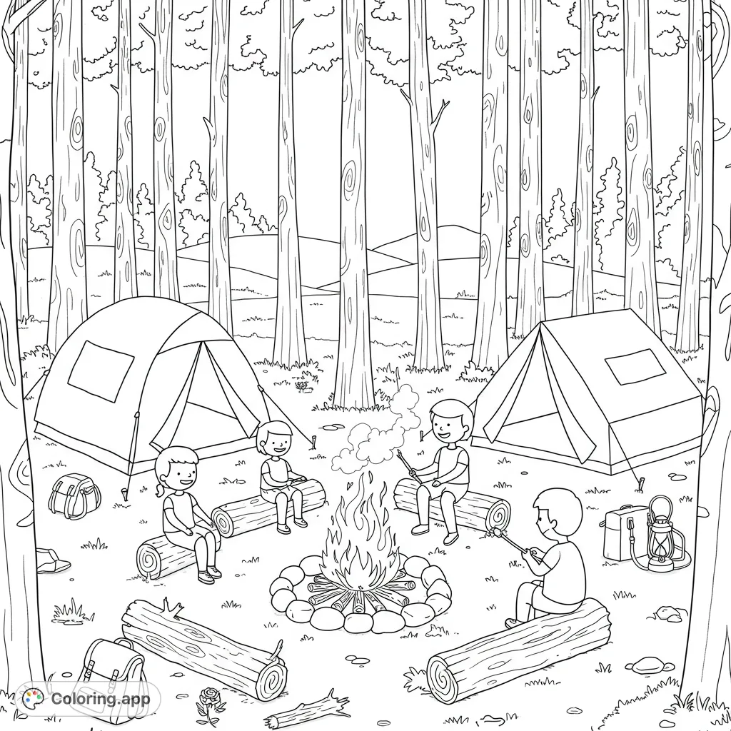 Explore a vibrant summer camp scene with tents, a crackling campfire, and children enjoying outdoor activities. Perfect for creative fun!
