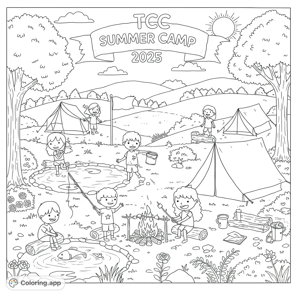A vibrant TCC Summer Camp 2025 scene with kids enjoying outdoor activities like fishing, roasting marshmallows, and playing, set against a scenic backdrop.