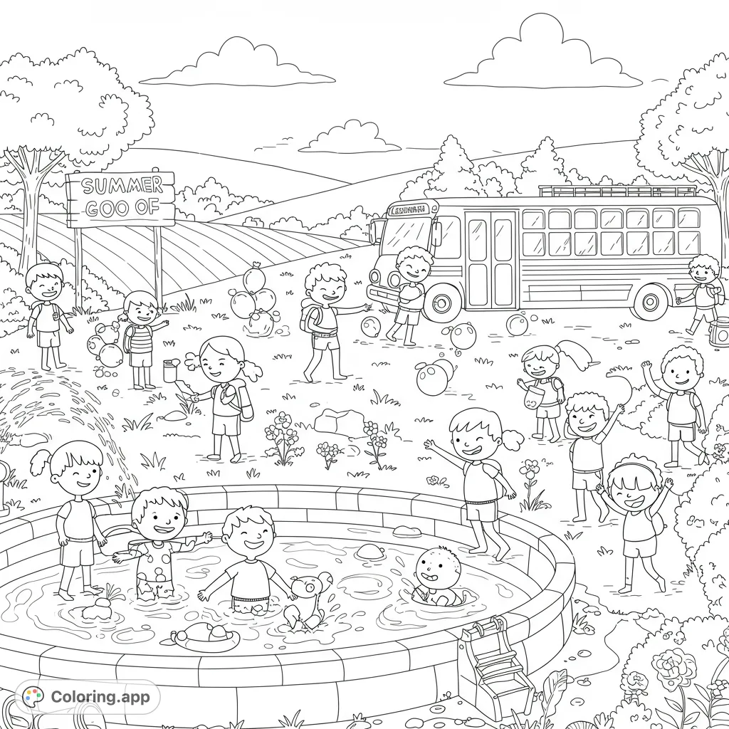 Capture the joy of summer camp with kids enjoying water play and field trip adventures. A vibrant scene for creative coloring fun!