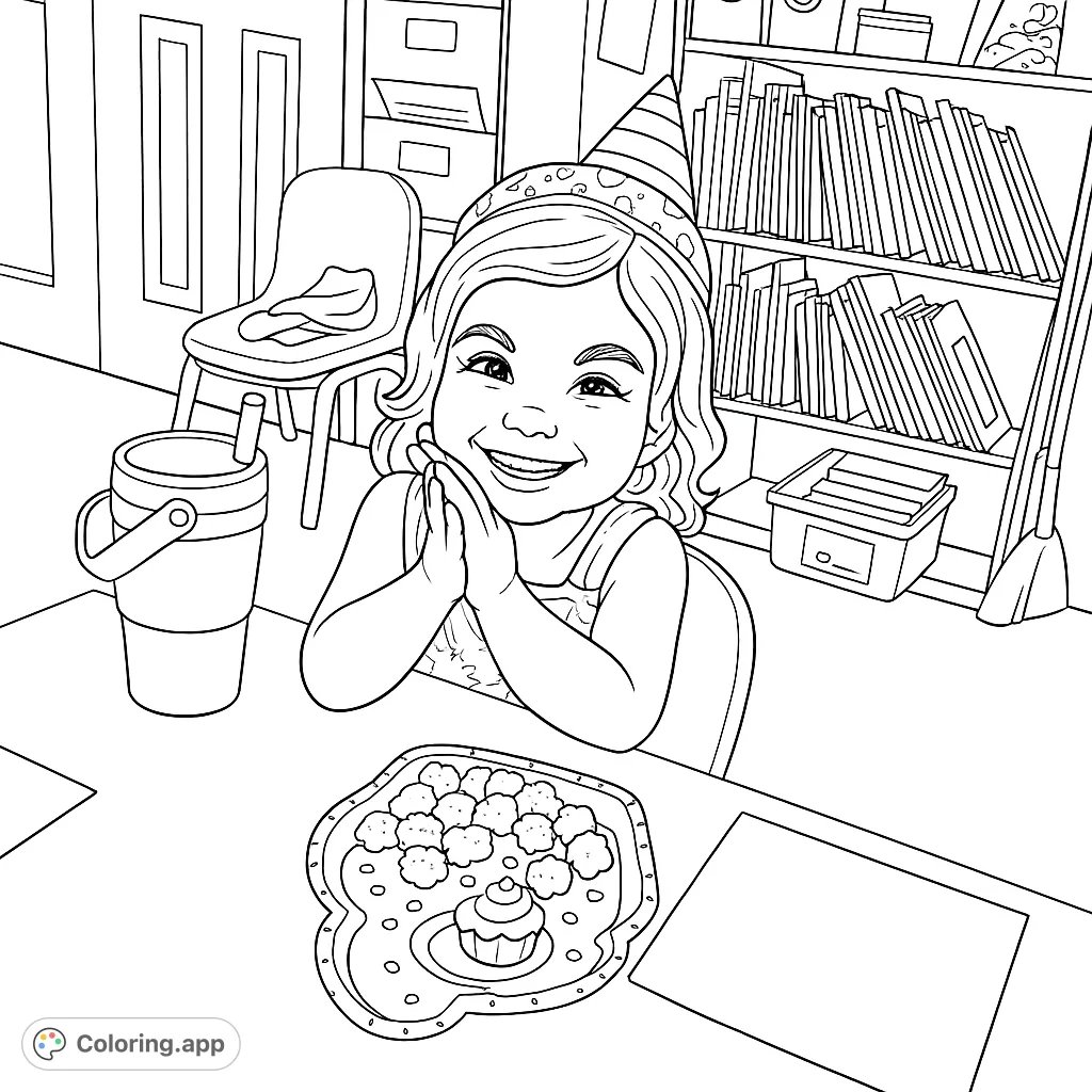 A delightful birthday celebration scene featuring a happy child at a table with party treats, perfect for a fun and engaging coloring experience.