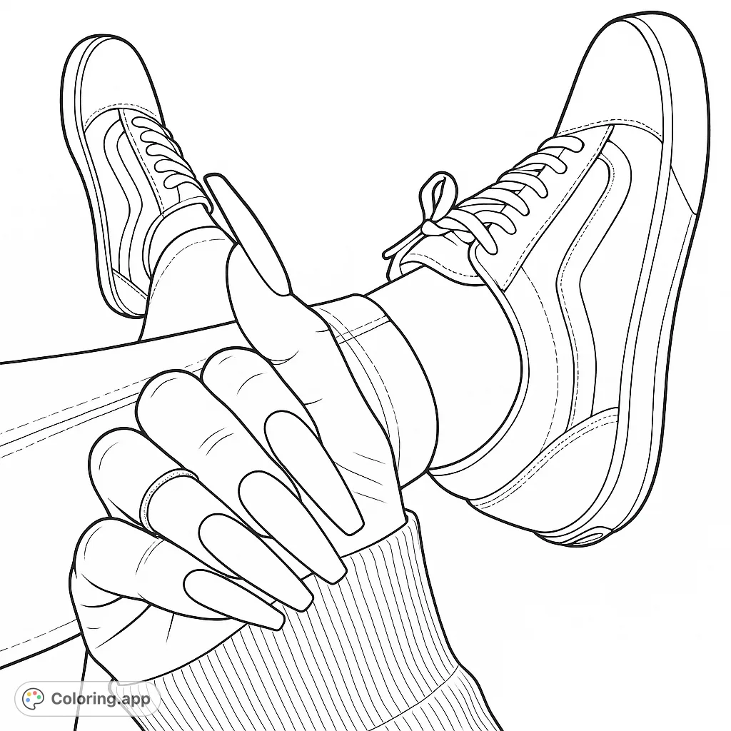 Capture modern style with this coloring page featuring a detailed hand with long nails and trendy sneakers. Perfect for fashion enthusiasts.