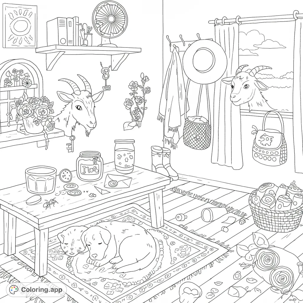 Explore a charming scene filled with everyday objects and friendly animals. Discover a cat, dog, jam, and more in this delightful, detailed coloring page.