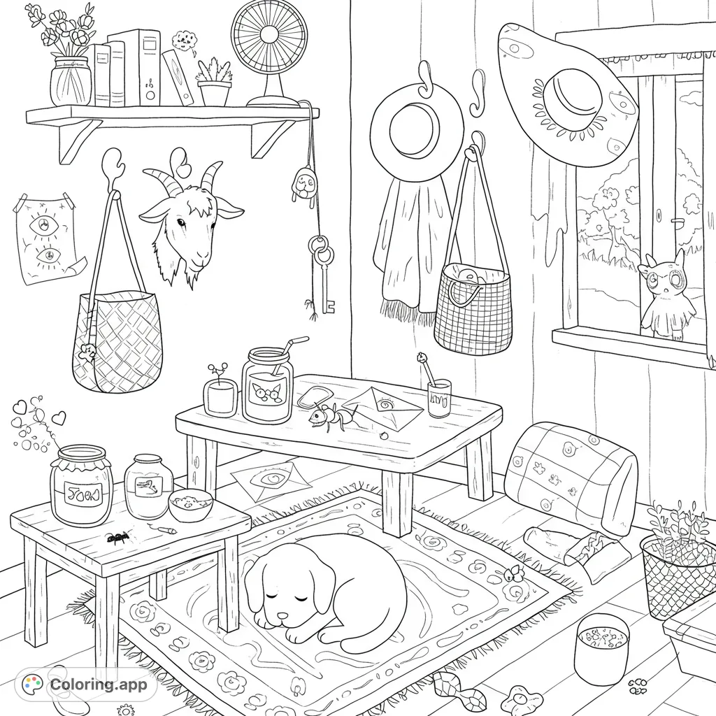 Explore a charming scene filled with everyday objects and friendly animals. Discover a cat, dog, jam, and more in this delightful, detailed coloring page.