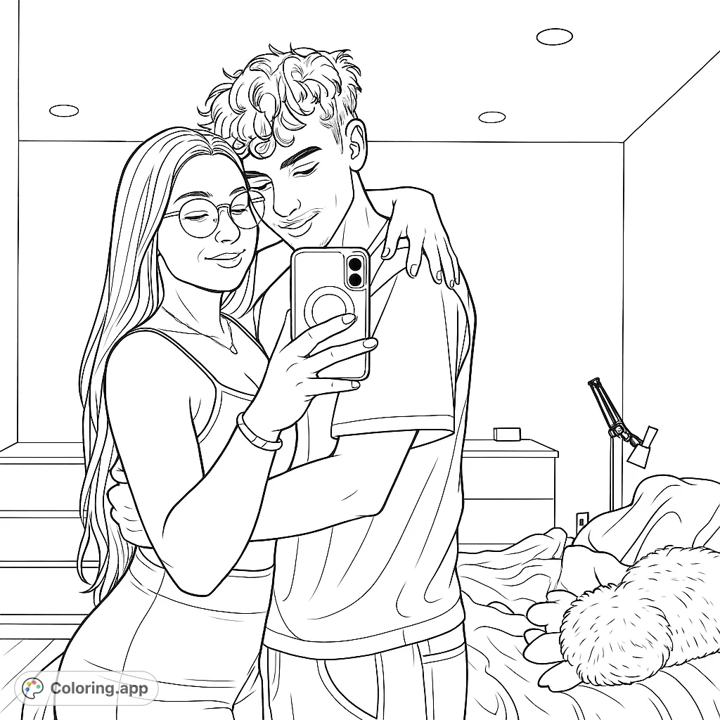 A heartwarming couple selfie, perfect for expressing affection and connection. Features two individuals embracing in a cozy room setting.