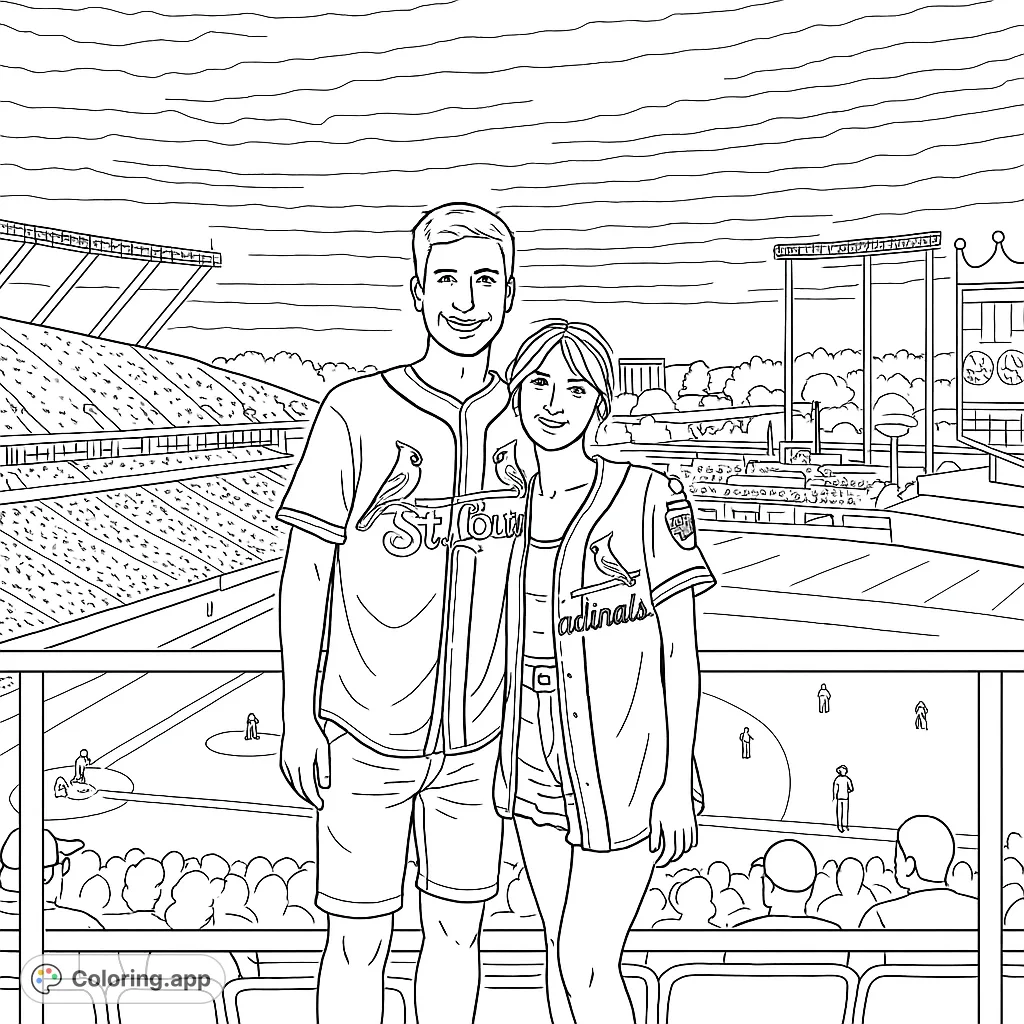 Color a dynamic baseball stadium scene featuring a couple, bustling crowd, and detailed field. Perfect for sports fans!