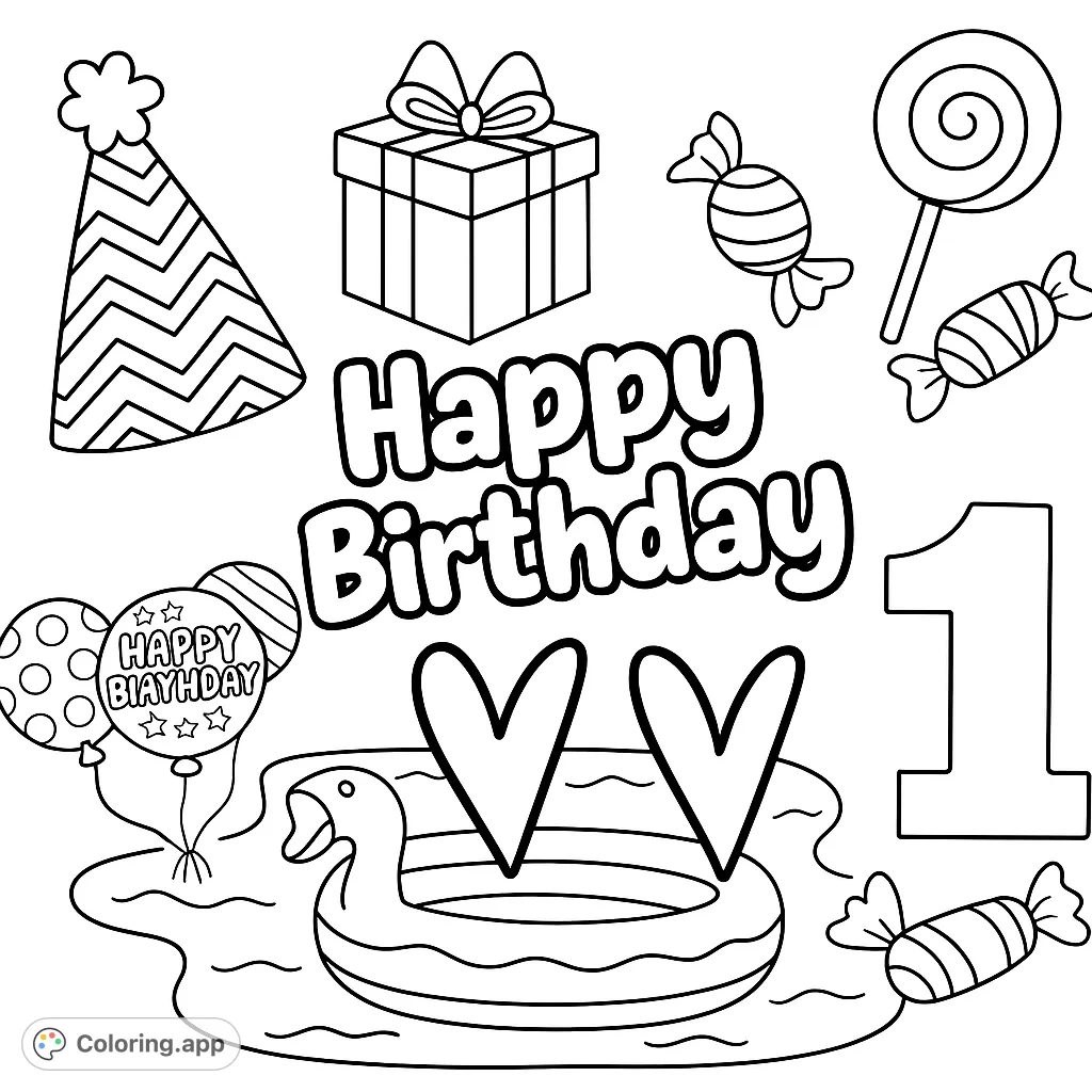 A delightful birthday coloring page featuring party hats, gifts, balloons, candies, and the number one, ideal for celebrating a first birthday or any festive occasion.