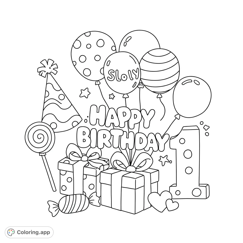 Celebrate with this fun birthday coloring page featuring a party hat, gifts, balloons, candies, and a big number one, perfect for any celebration!