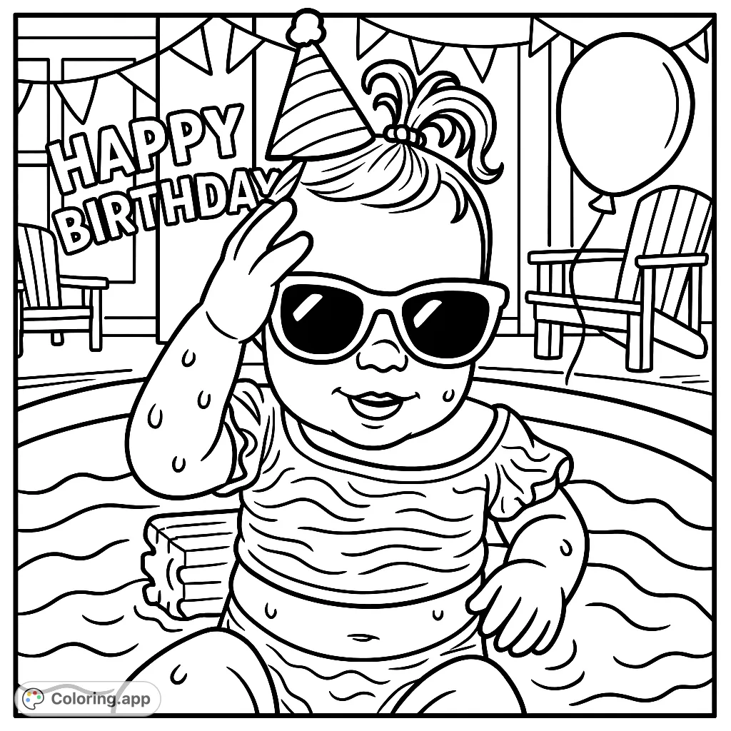 Celebrate with this adorable birthday pool party coloring page featuring a cool baby in sunglasses, ready for a splashy good time!