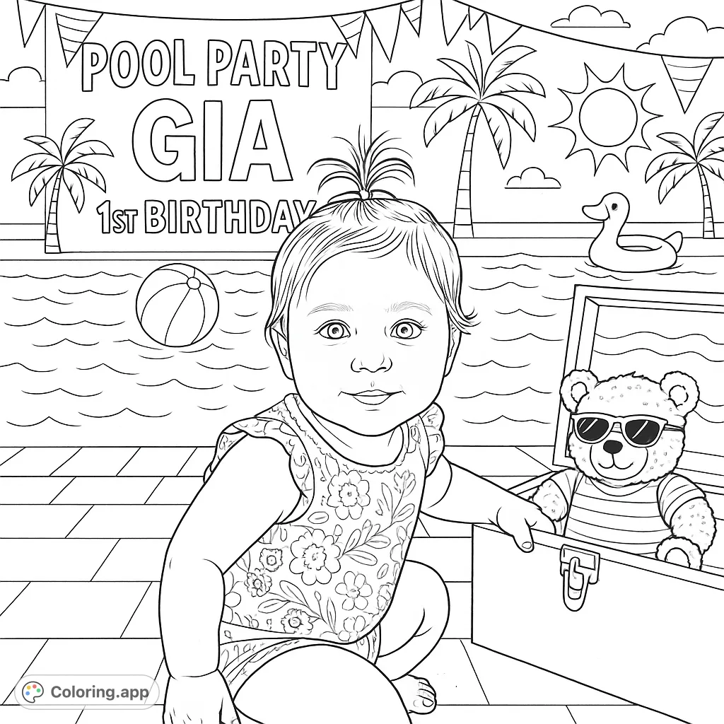 Celebrate Gia's first birthday with a fun pool party coloring page! Features baby Gia, pool elements, and festive decorations.