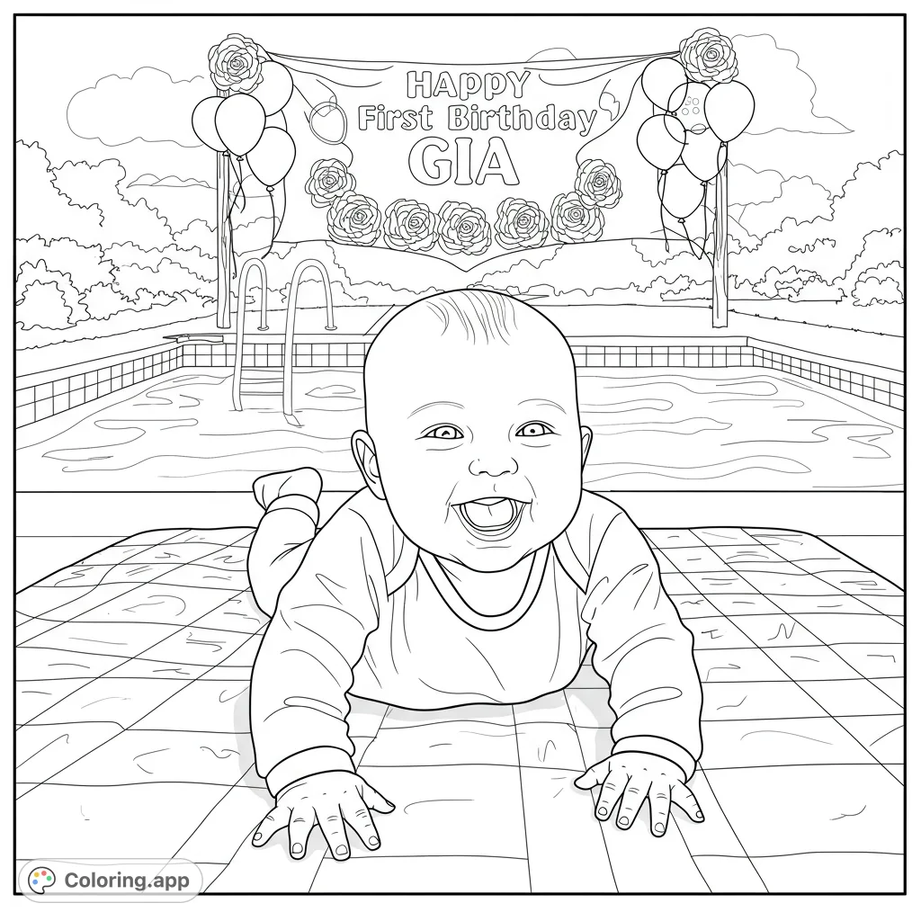 Celebrate a special milestone with this adorable first birthday coloring page featuring a happy baby at a poolside party, perfect for kids and adults.