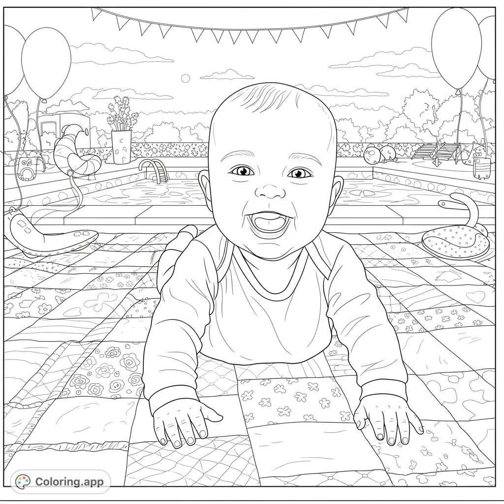 Celebrate Gia's first birthday with this delightful pool party coloring page! A happy baby smiles on a patterned quilt, set against a fun pool scene.