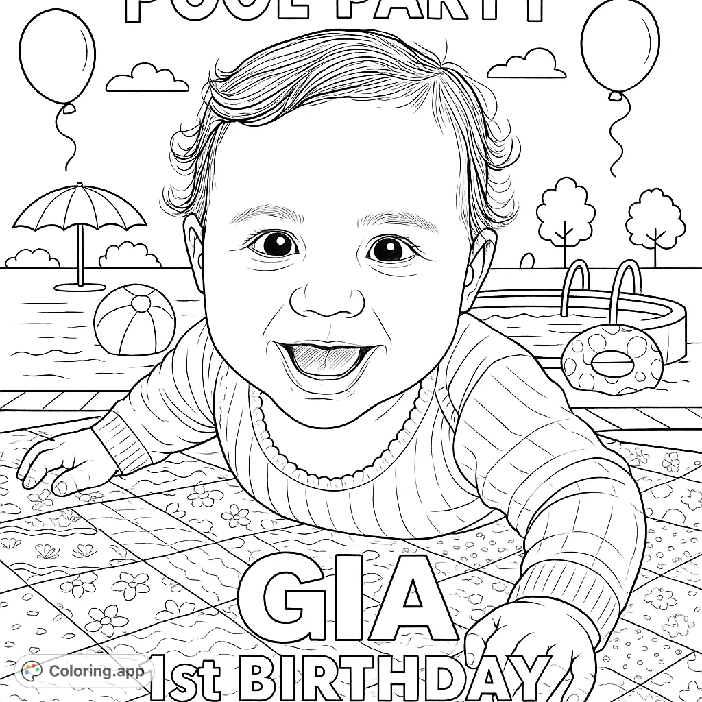 Celebrate Gia's first birthday with this fun pool party coloring page! Features a happy baby ready for a splash in a festive pool scene.