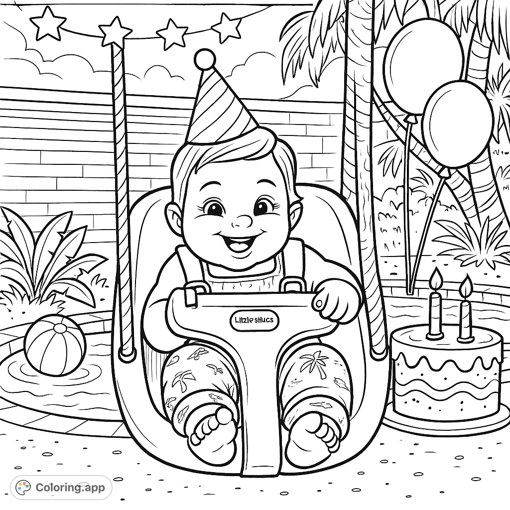 A delightful cartoony coloring page featuring a happy baby enjoying a swing ride outdoors. Perfect for celebrating a birthday pool party theme!