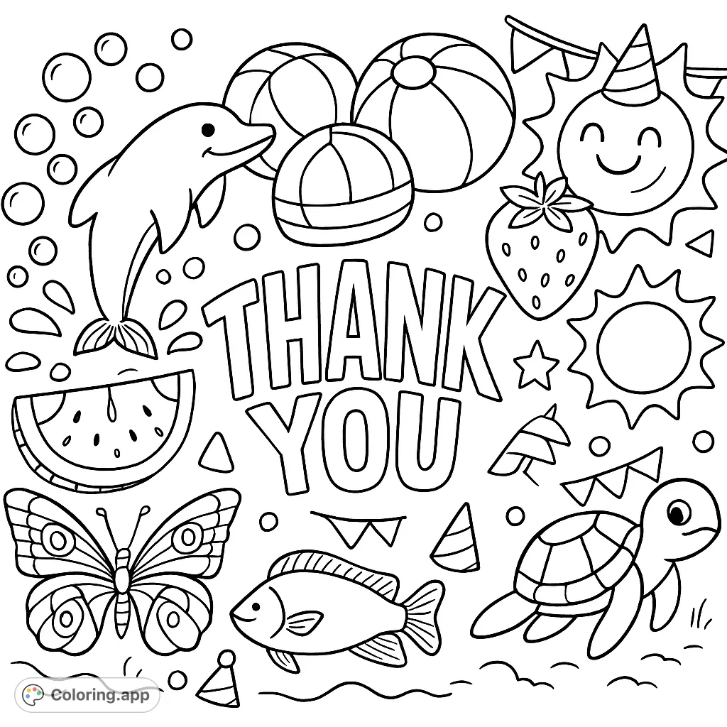A delightful collection of summer-themed objects and a 'THANK YOU' message, perfect for a birthday pool party coloring page. Express gratitude with fun designs!