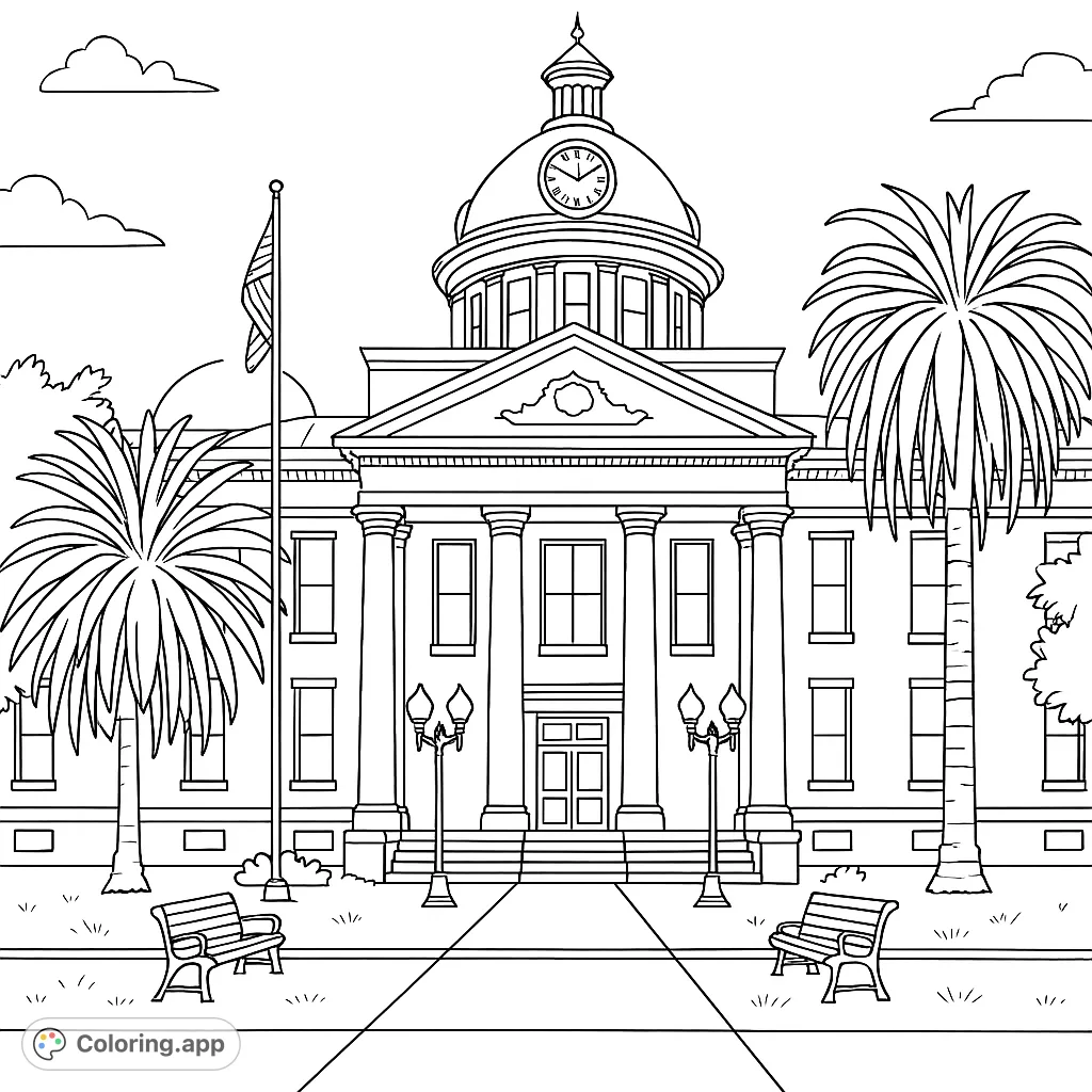 Color a grand architectural landmark featuring a majestic dome, classical columns, and lush palm trees. A detailed and engaging design for all ages.