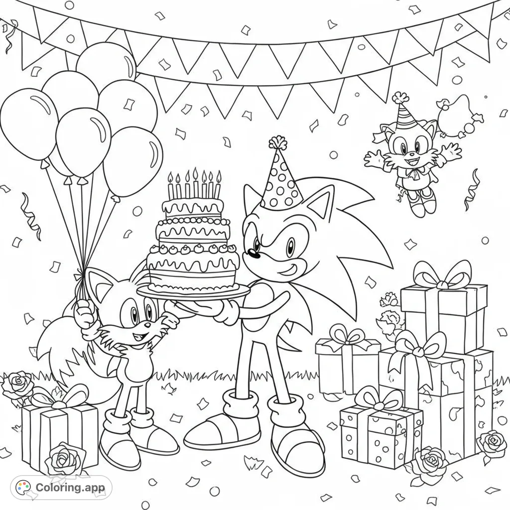 Join Sonic, Tails, and Knuckles for a super-speedy birthday celebration! A fun, free printable Sonic coloring page for fans of all ages.