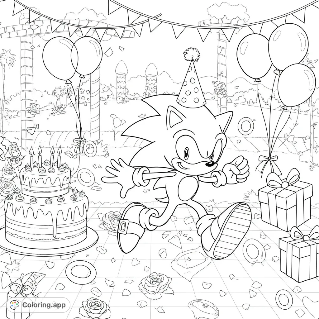 A dynamic Sonic the Hedgehog coloring page featuring the speedy character amidst a festive birthday celebration with cake, balloons, and iconic rings.