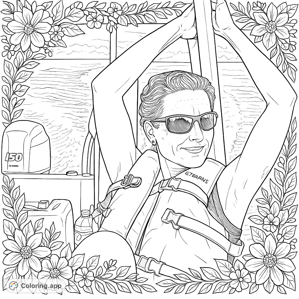 Embark on a realistic boating adventure! This intricate coloring page features a person on a boat, perfect for detailed coloring and relaxation.