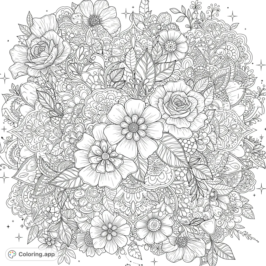 An intricate celestial floral mandala design, perfect for detailed coloring. Features blooming flowers, geometric patterns, stars, and crescent shapes.